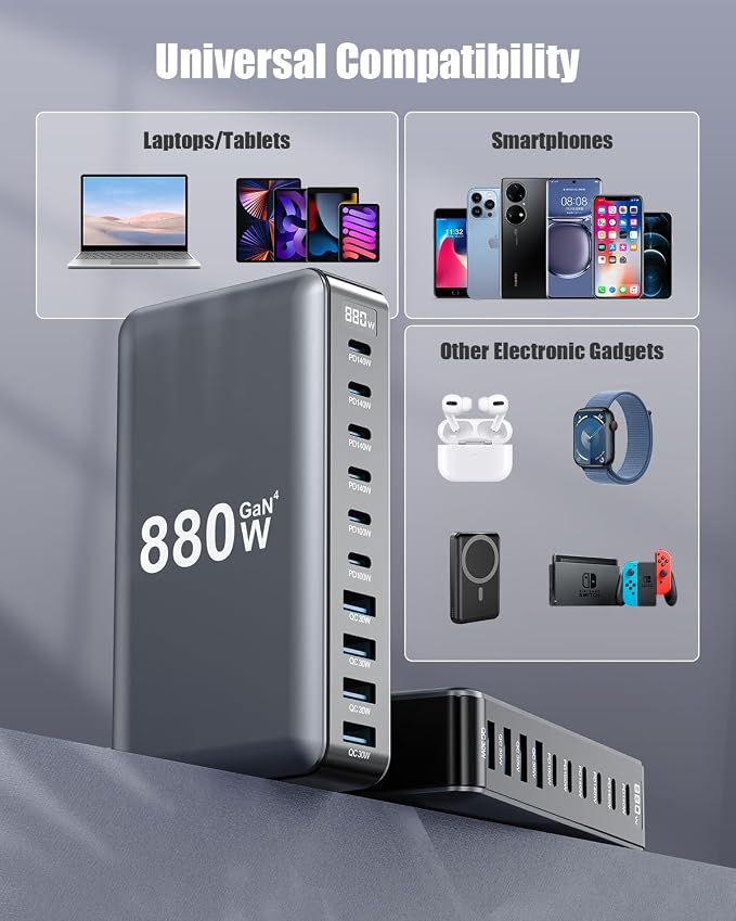 880W USB C Charger Block, 10-Port USB C Charging Station GaN IV Travel - Image 3