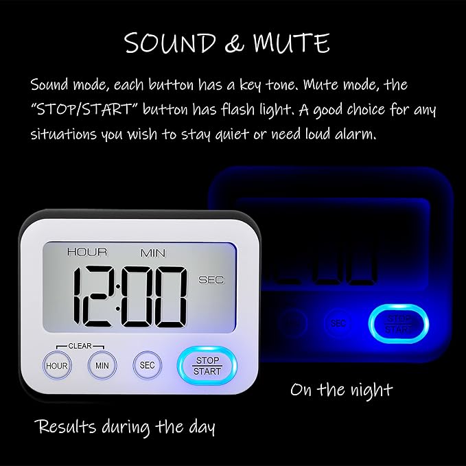 Digital Kitchen Timer Magnetic Loud Alarm, Large LCD Screen Silent/Beeping - Image 3