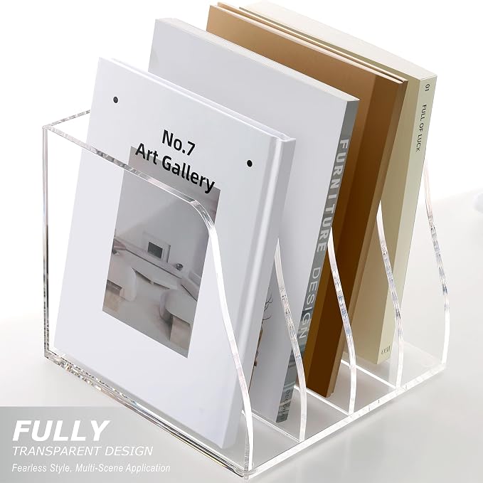 SANRUI Acrylic Desk File Organizer, 4 Vertical Compartments Clear Magazine File - Image 7
