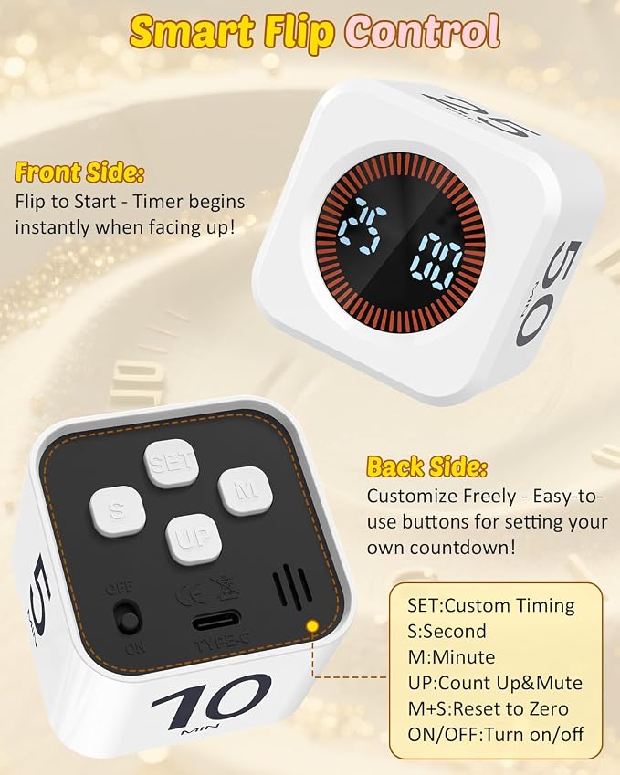 Digital Pomodoro Timer Cube 5/10/25/50min, Visual Productivity Flip Timer - Image 4