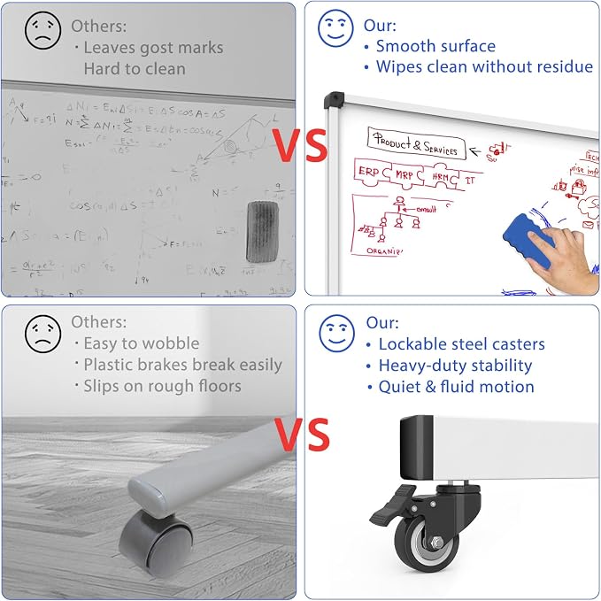 Double-Sided Whiteboard and Corkboard on Wheels, 48 x 32 Inch Magnetic Dry - Image 5