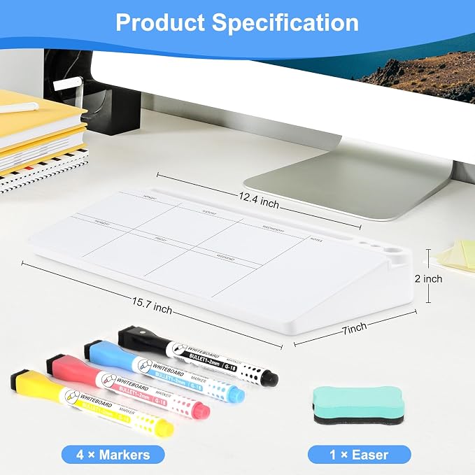 Desktop Glass Whiteboard with Storage, Weekly Calendar Desk Dry Erase White - Image 5