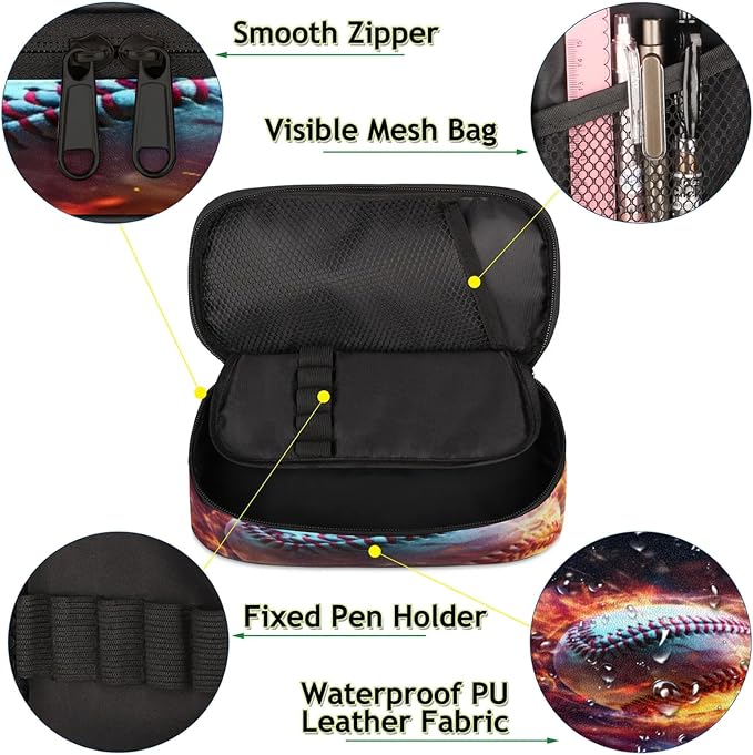 Pardick Pencil Case，Baseball Fire Big Capacity Pencil Pouch Coin Pouch - Image 5