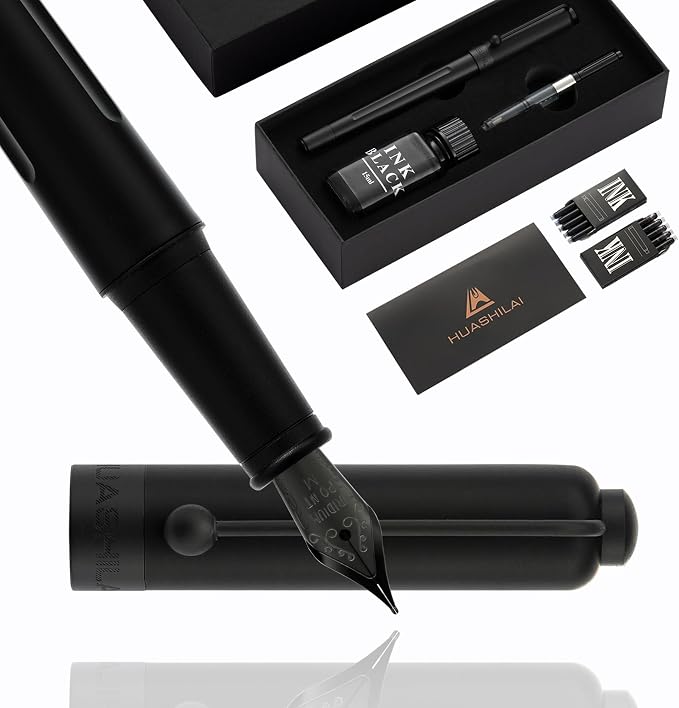 HUASHILAI Luxury Matte Black Forest Fountain Pen Set, Titanium Black Extra Fine by HUASHILAI