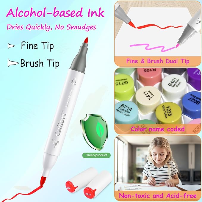 Caliart 180 Colors Alcohol Markers Brush Tip, Dual Tip Artists Coloring Markers - Image 4