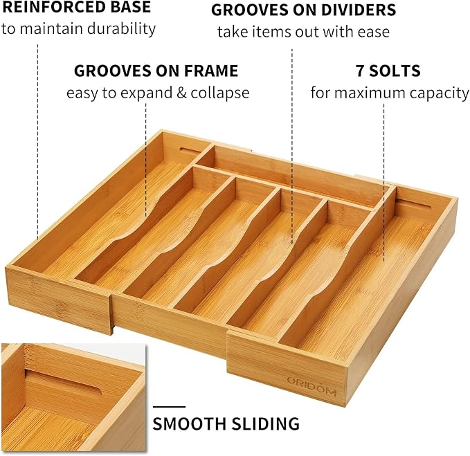 oridom 2-Piece Bamboo Silverware Organizer, Expandable Kitchen Drawer Organizer - Image 3