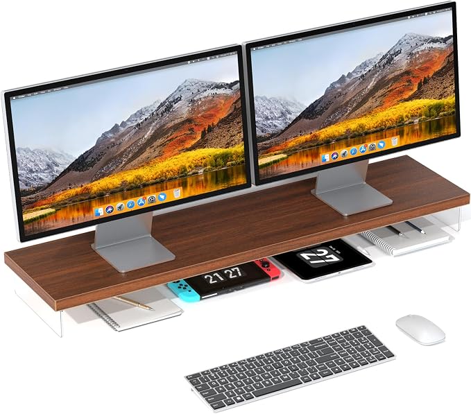 SSWOOD Dual Monitor Stand Riser, Wooden Desktop Organizer Shelf by Unknown