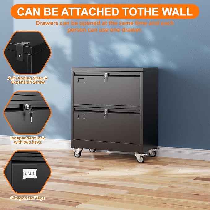 METAN Upgrade 2 Drawers Lateral File Cabinet on Wheels, Steel Office Filing - Image 5