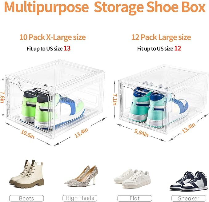 10 Pack Large Shoe Boxes Clear Plastic Stackable, Shoe Storage Organizer - Image 3