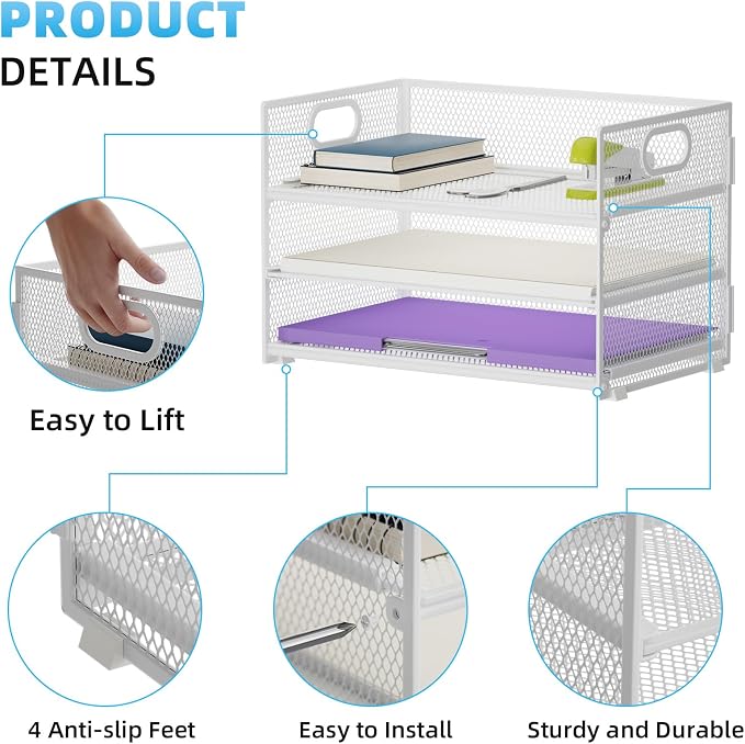 Marbrasse 3 Tier Paper Organizer Letter Tray, Mesh File Organizer - Image 4