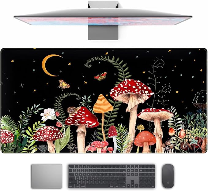 Ferns Leaves Cute Mushrooms Desk Mat Kawaii Green Plants Mouse Pad Xl Mat Large by TENG+DA+QING