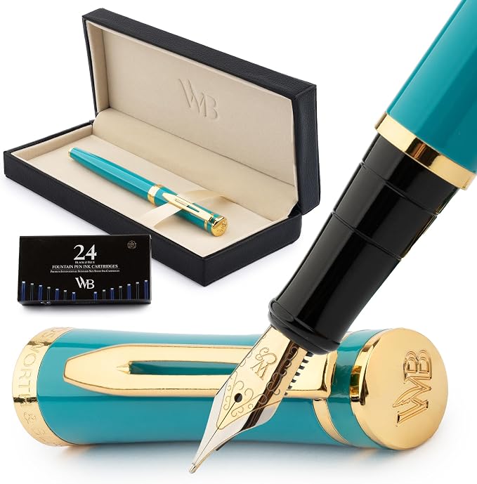 Wordsworth & Black Fountain Pen Set, 18K Gilded Medium Nib, Includes 24 Pack by WordsworthBlack