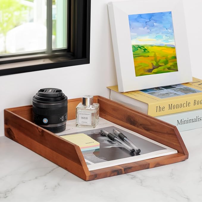 Demigo Desk Organizer Letter Tray Set of 2, Acacia Wood Tabletop Desktop - Image 7