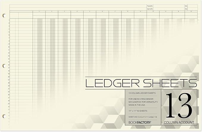BookFactory Ledger Sheets/Large 13 Column Accounting Ledger Columnar Loose Leaf by BookFactory