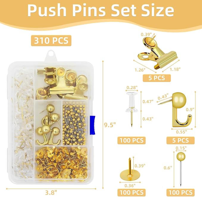 Gold Push Pins Set, 5 Styles Office Pushpins Set in Storage Box - Image 3