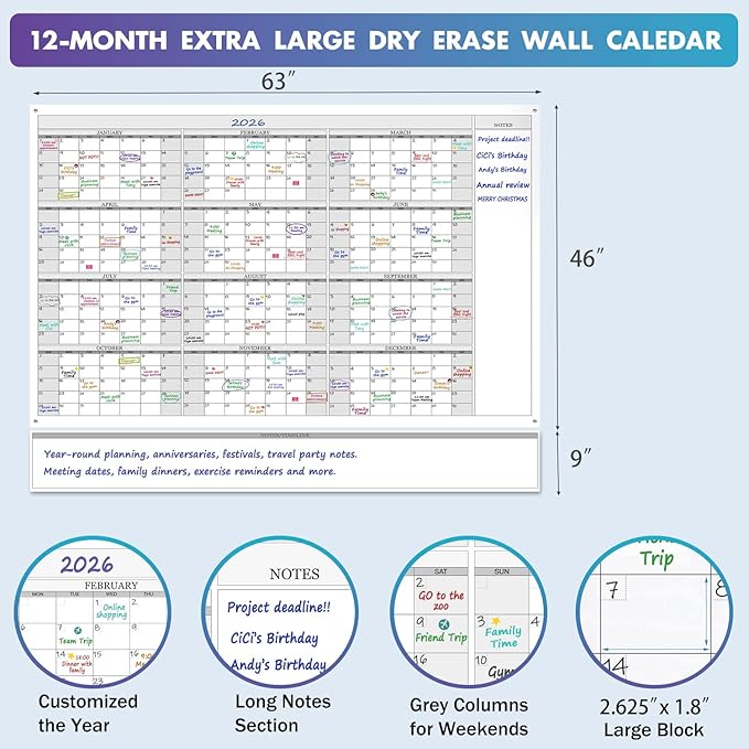 Jumbo Dry Erase Yearly Whiteboard Wall Calendar, Huge 12 Month Laminated - Image 3