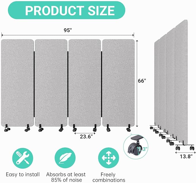 Soundproof Room Divider W/Wheels, 66in Office Dividers - Image 7
