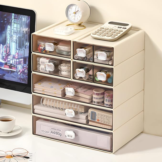 OSteed Spacious Desktop Storage Box, 2 Large Storage Drawers, Stackable Office - Image 2