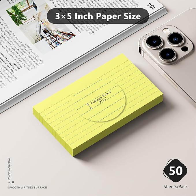 250 Count Index Cards 3 x 5 Inch, Heavyweight Yellow Lined Note Cards Portable - Image 2
