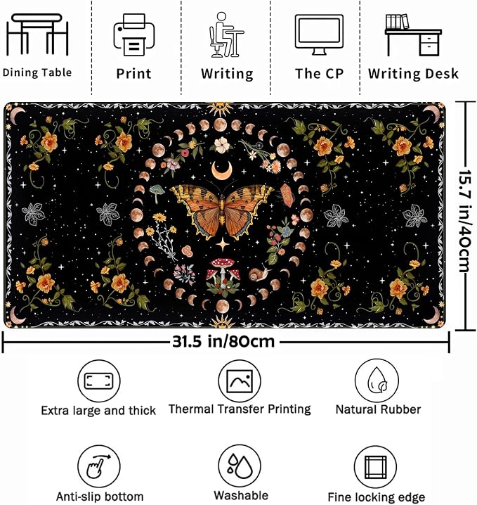Moth Desk Pad Mushroom Phase Moon Phase Desk Mat, Boho Flowers and Leaves - Image 2