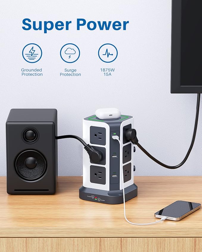 KOOSLA Power Strip Tower, Wireless Charger Surge Protector - Image 6