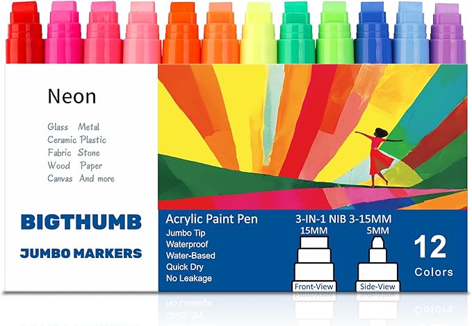 BIGTHUMB Jumbo Graffiti Poster Markers Set: 12 Neon Colors Large 15mm Wide Tip by BIGTHUMB
