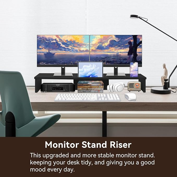 Dual Monitor Stand Riser with Phone Tablet Holder, 35.8in Large Monitor Stand - Image 3