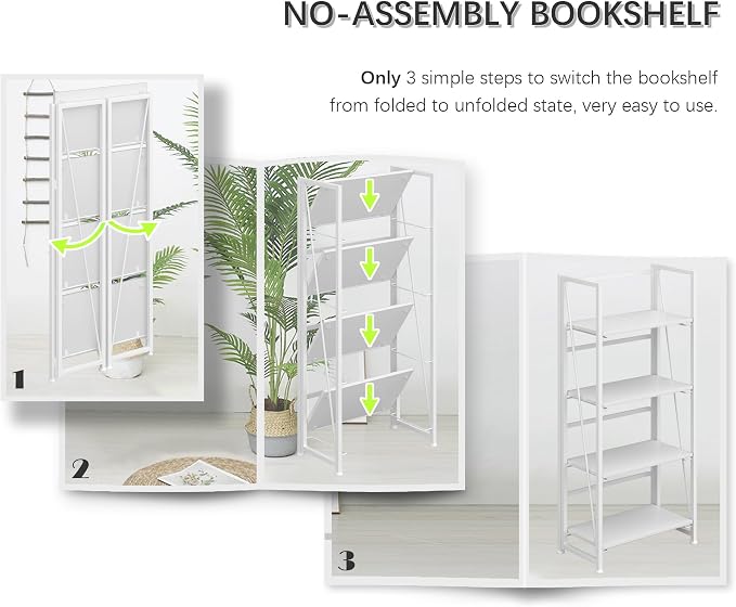 4NM No Assembly Folding Bookshelf Storage Shelves 4 Tiers Vintage Bookcase - Image 6
