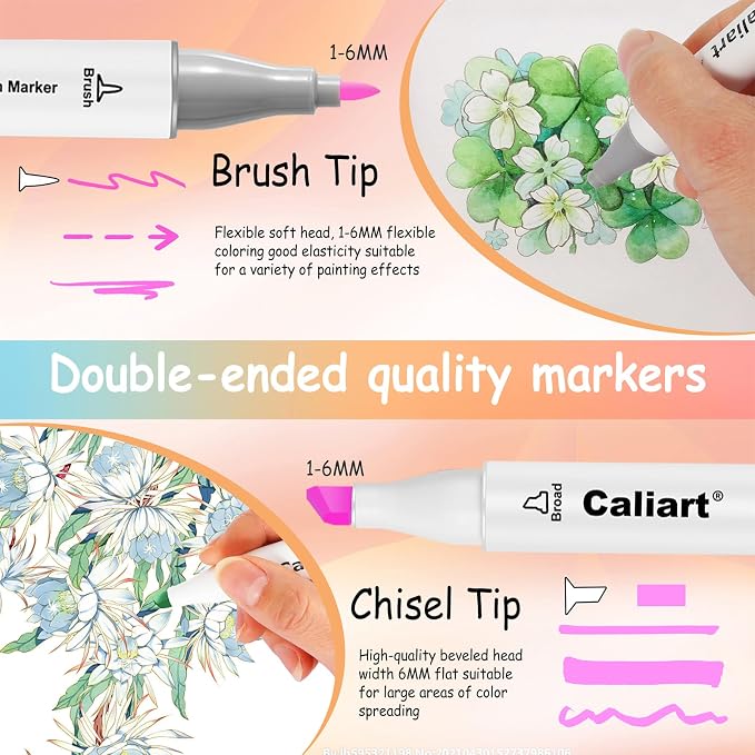 Caliart Pastel Alcohol Markers Brush Tip, 100 Colors Dual Tip Coloring Marker - Image 2