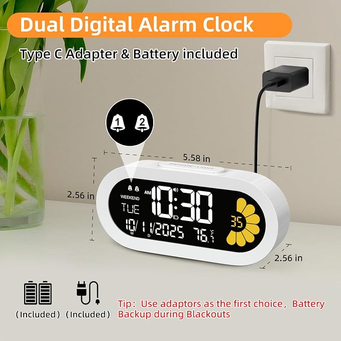 DOOMAY Digital Alarm Clock for Bedroom: Dual Alarm Bedside Clock VA LCD Display - Image 2