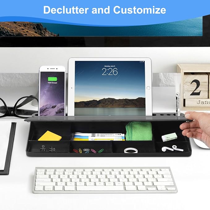 Desktop Glass Whiteboard with Storage, Desk Board with Computer Keyboard Stand - Image 4