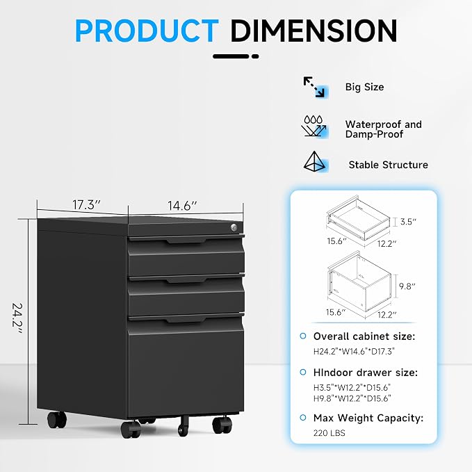 Bestoo 3-Drawer Mobile File Cabinet - Image 3