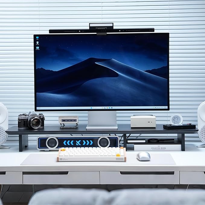 ROCDEER Bamboo Dual Monitor Stand Riser Black, 2-Tier Desk Monitor Riser by Rocdeer