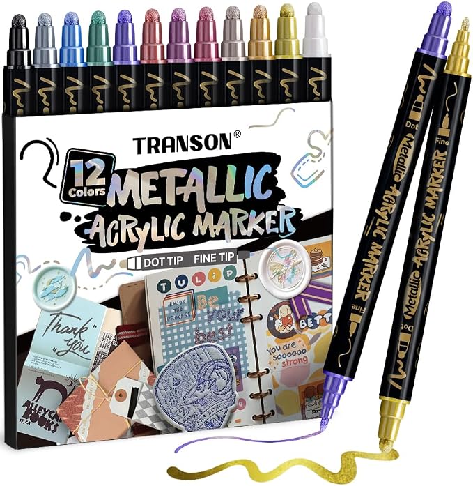 TRANSON 12Colors Metallic Paint Markers Bold and Fine Dual-tip by Transon