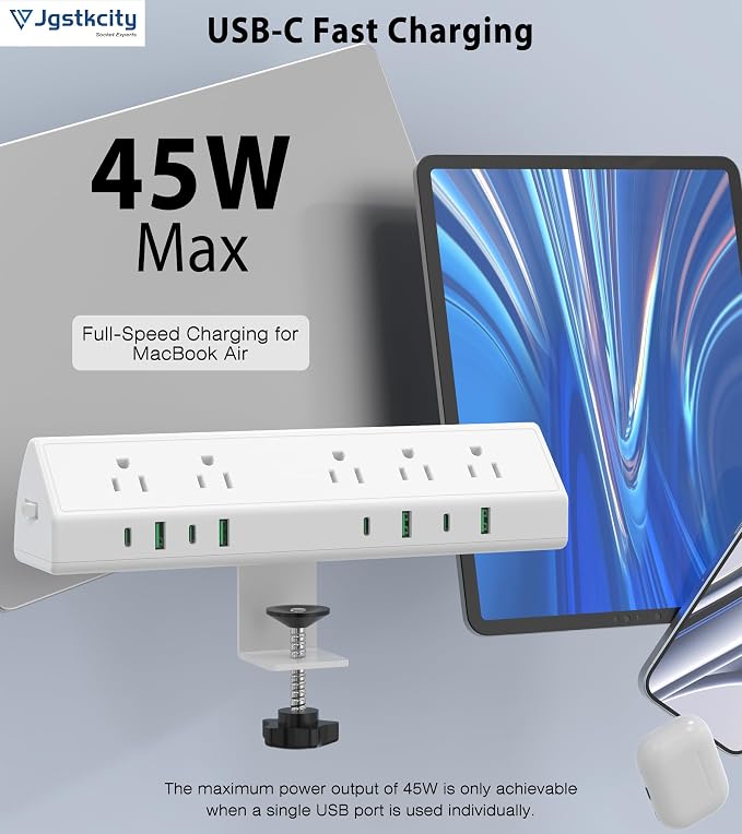 45W Fast Charging Station, Desk Clamp Power Strip, 4 PD USB-C Ports, 5 AC - Image 4