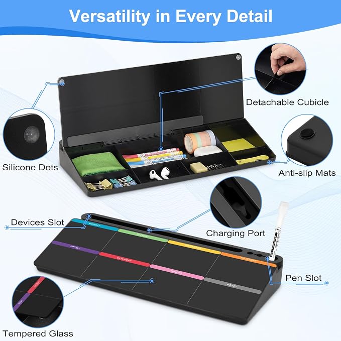 Desktop Glass Whiteboard with Storage, Colorful Weekly Calendar Desk Dry Erase - Image 7
