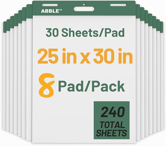 Super Sticky Easel Pad, 25 x 30 Inches, 30 Sheets/Pad, 8 Pads/Pack, Large Self by ABBLE