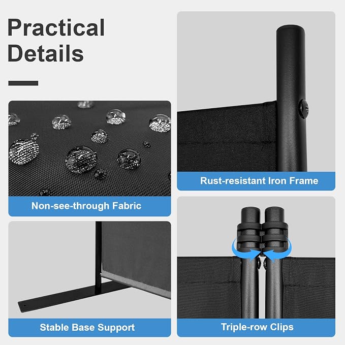 MAYOLIAH 3-Panel Black Room Divider 6ft Tall Folding Privacy Screen w/Flat Base - Image 3