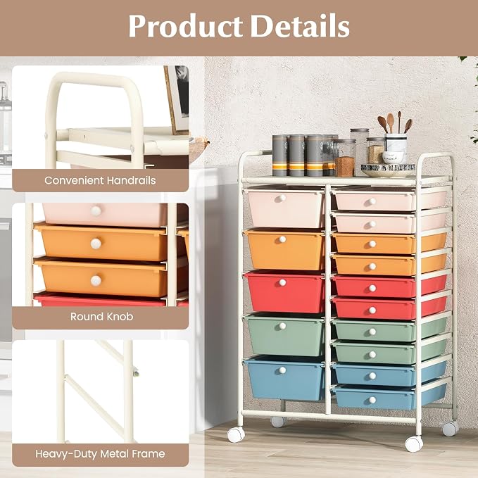 COSTWAY 15 Drawers Storage Cart, Mobile Tools Scrapbook Paper Organizer Cart - Image 6