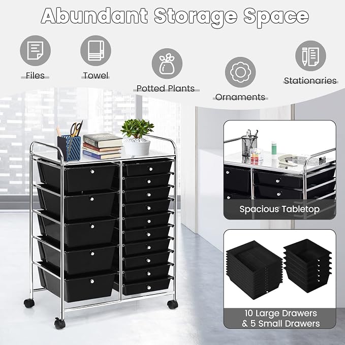 COSTWAY 15 Drawer Rolling Storage Cart, Utility Tools Paper Organizer on Wheels - Image 4
