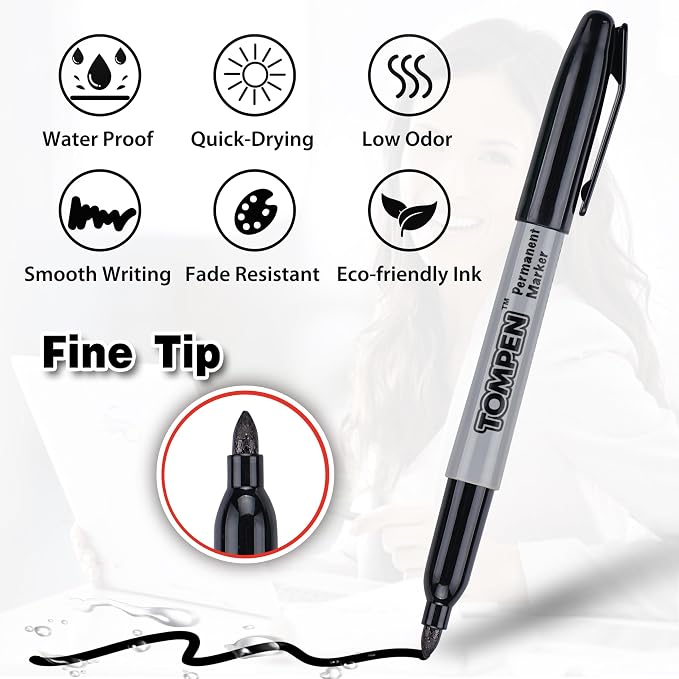 TOMPEN Black Permanent Markers Bulk Fine Tip 500 Pack, Use - Image 2