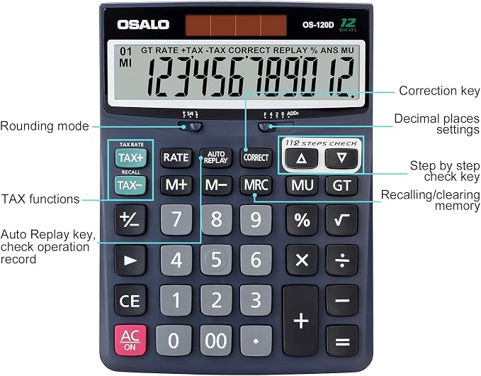 OSALO 12 Digits Desktop Calculator Extra Large LCD Display - Image 3