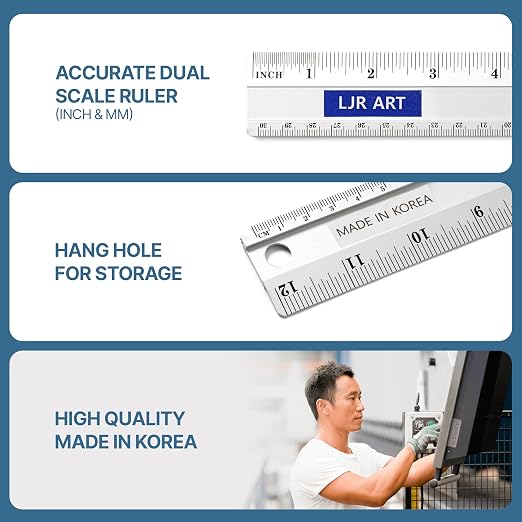 LJR ART 12 Inch Aluminum Cutting Ruler, Dual Scale Inch/Metric Measuring Tool - Image 7