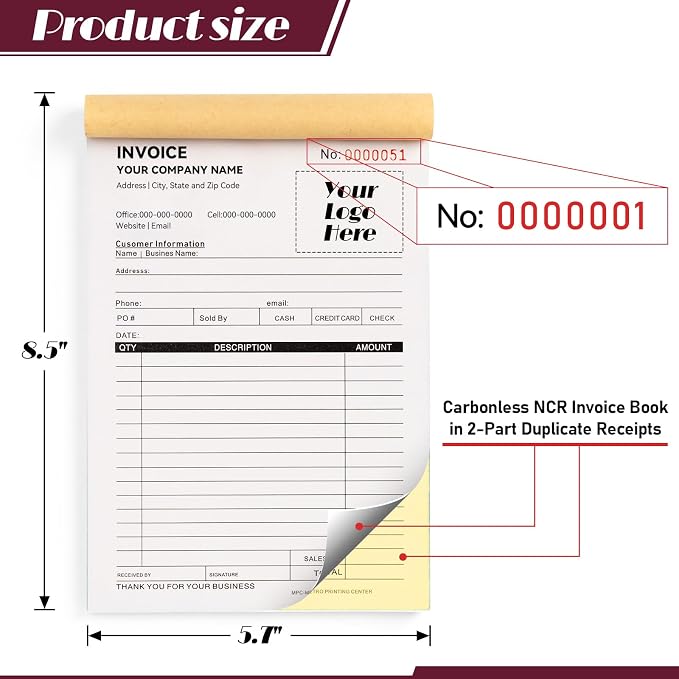 100 Sets Custom 5.7" X 8.5" Invoice Receipt Book, Personalized Duplicate - Image 3