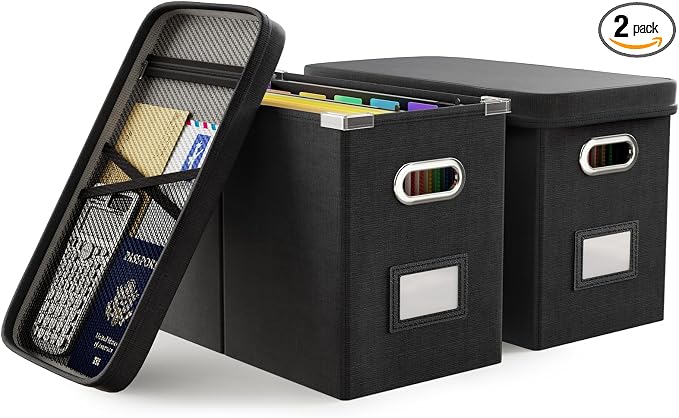Oterri File Organizer Box with Lid, Hanging Filing File Box with Mesh Pocket by Oterri