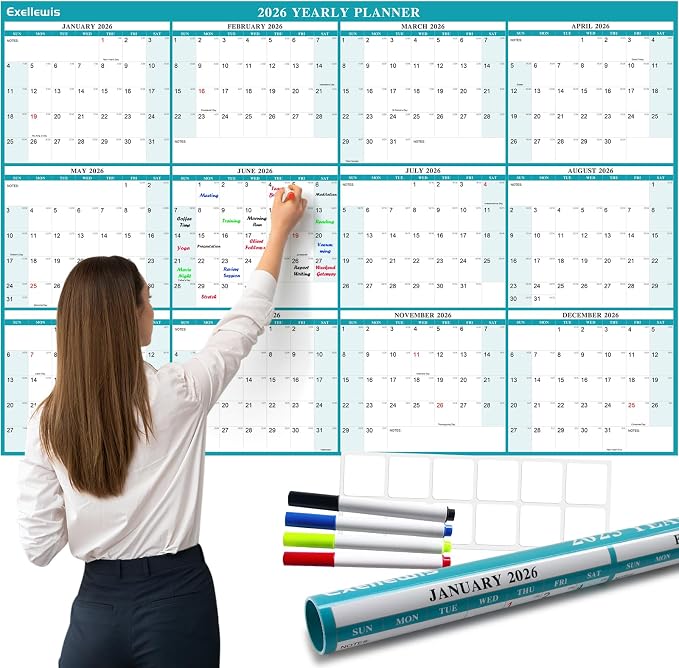 32" x 48" Exellewis 2026 Wall Calendar Erasable, Wet & Dry Erase Large by Exellewis