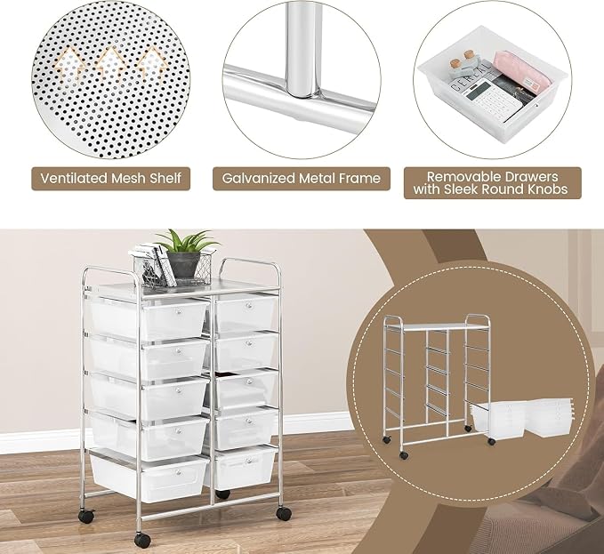 LDAILY 10 Drawer Rolling Cart, Storage Cart Organizer on Wheels, Drawer Cart - Image 7