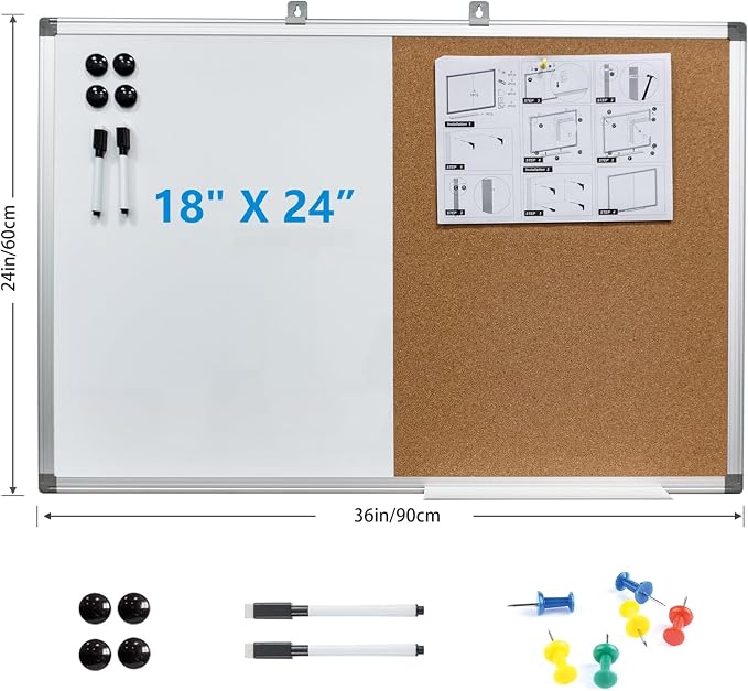 Combination Writeboard 36"x 24" Magnetic Whiteboard & Cork Board Aluminium - Image 2