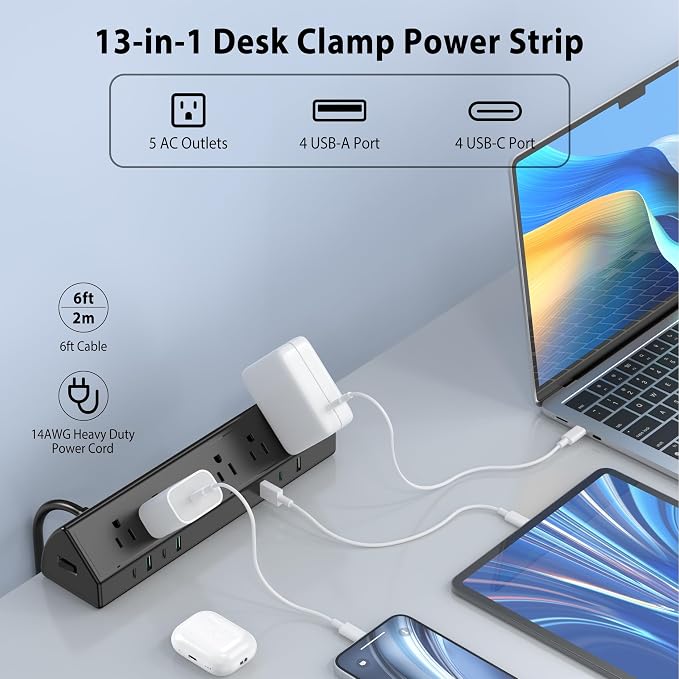 Jgstkcity Desk Clamp Power Strip, 45W Fast Charging Station, 4 USB-C, 4 USB-A - Image 2