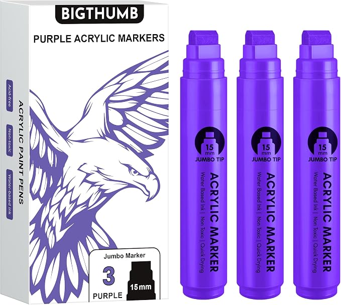 BIGTHUMB 3 Pcs Purple Jumbo Permanent Markers: 15mm Wide Tip Thick Acrylic by BIGTHUMB